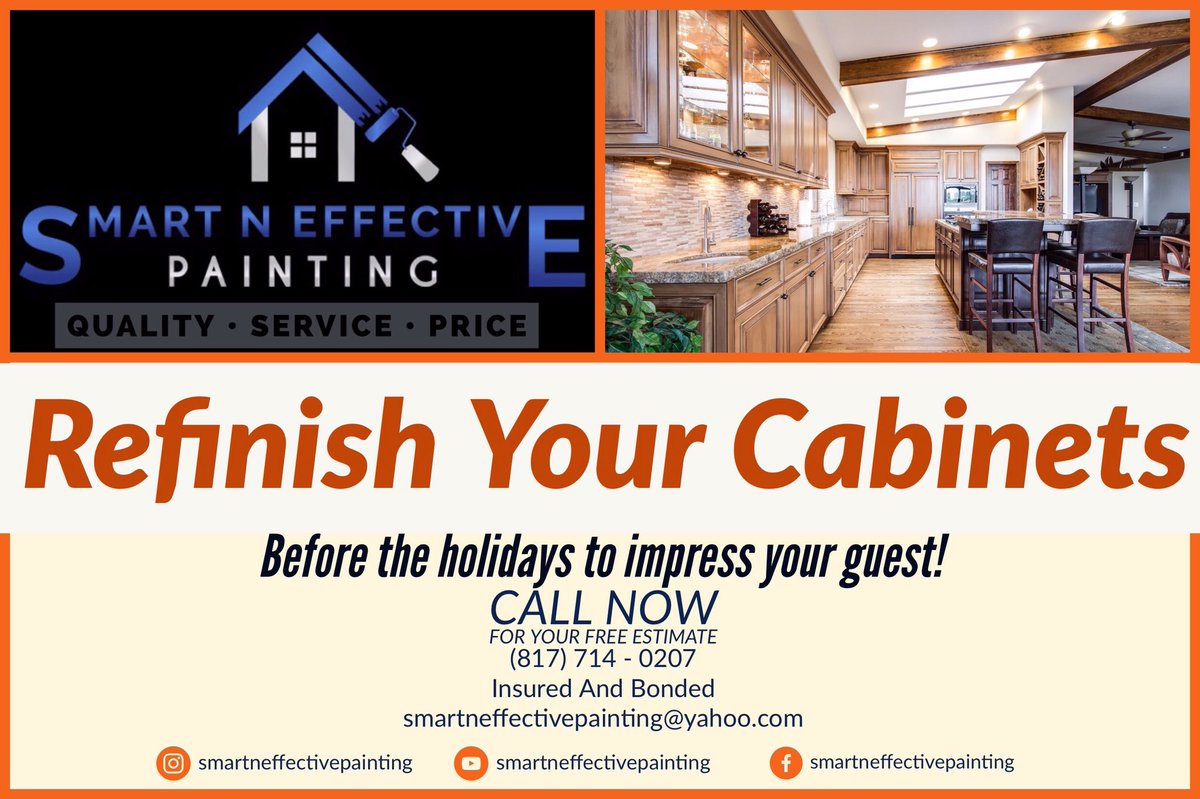 NEffective's tweet image. Tired of your old Cabinets? We can help!
Smart N Effective Painting 
Residential/Commercial
Insured And Bonded 
(817) 714-0207
smartneffectivepainting@yahoo.com
