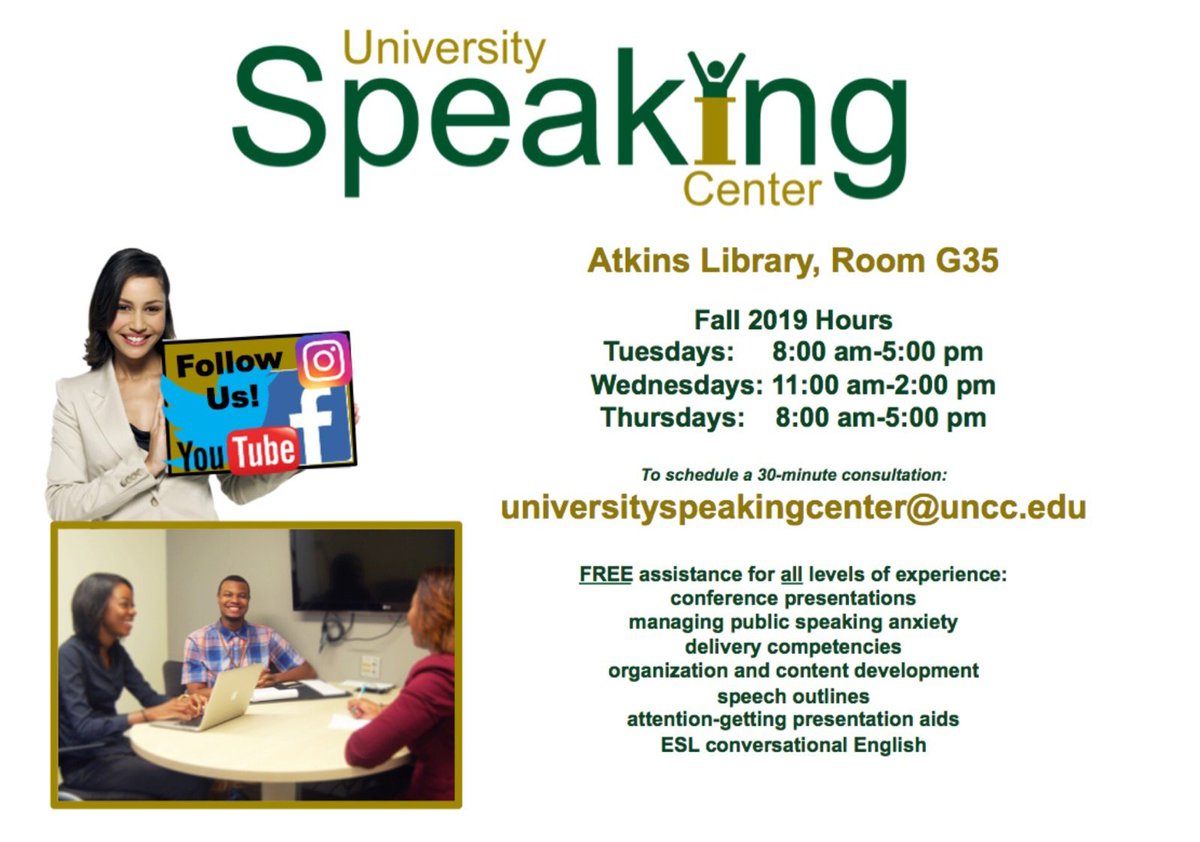 unccspeakctr's tweet photo. Are you stressing about that first presentation of the fall 2019 semester? Schedule an appointment with us for help on ANY aspect of your speech 🎙😊 https://t.co/meEUIV5btt