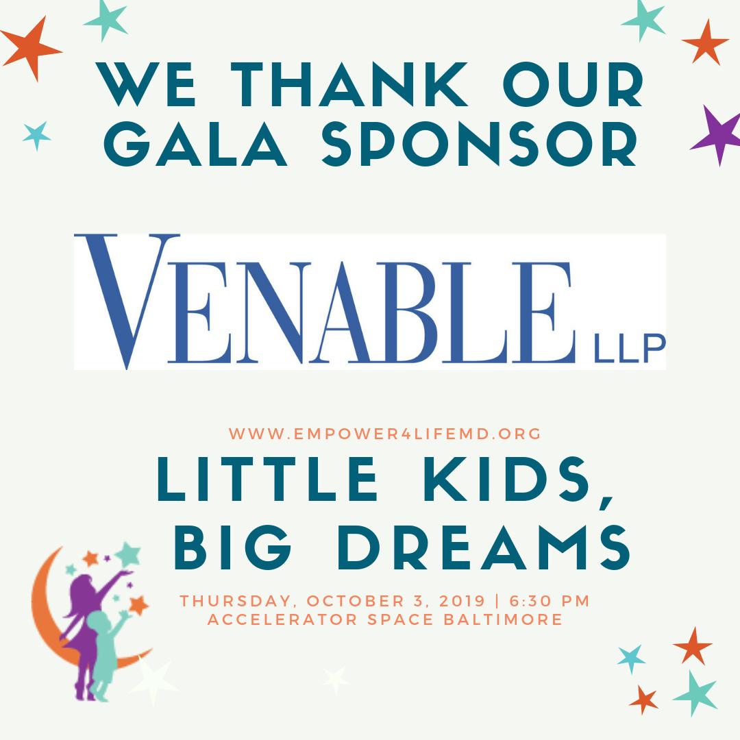empower410's tweet photo. Today we take time to celebrate some of our wonderful Gala sponsors!  Thank you, Venable for your kindness!  #E4L #E4LGala #LittleKidsBigDreams #homelessness https://t.co/GyfSJAhPFd