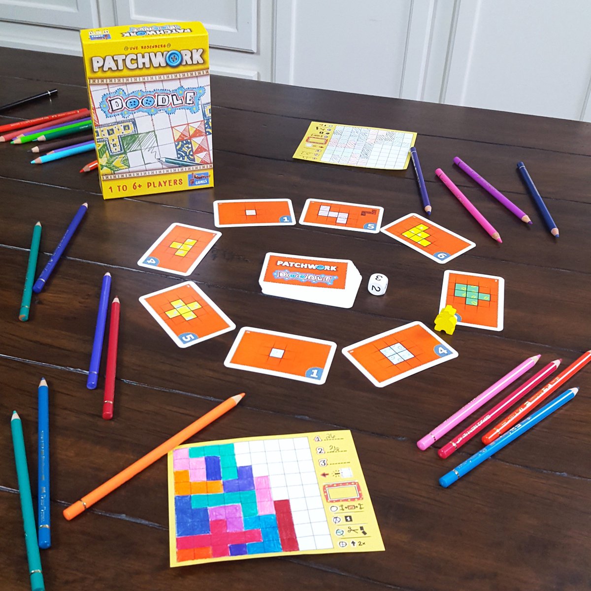 WCGamesMN's tweet photo. Patchwork Doodle: https://t.co/yIp1L1jpJq Newest game in franchise, first you can play with more than just 2 people! Each player doodles piece on their sketchpad, start with unique 7 block piece, use 4 special powers. Fun and fast! @LookoutSpiele @Asmodee_USA #whitecabinetgames https://t.co/dzoUmpNVMx
