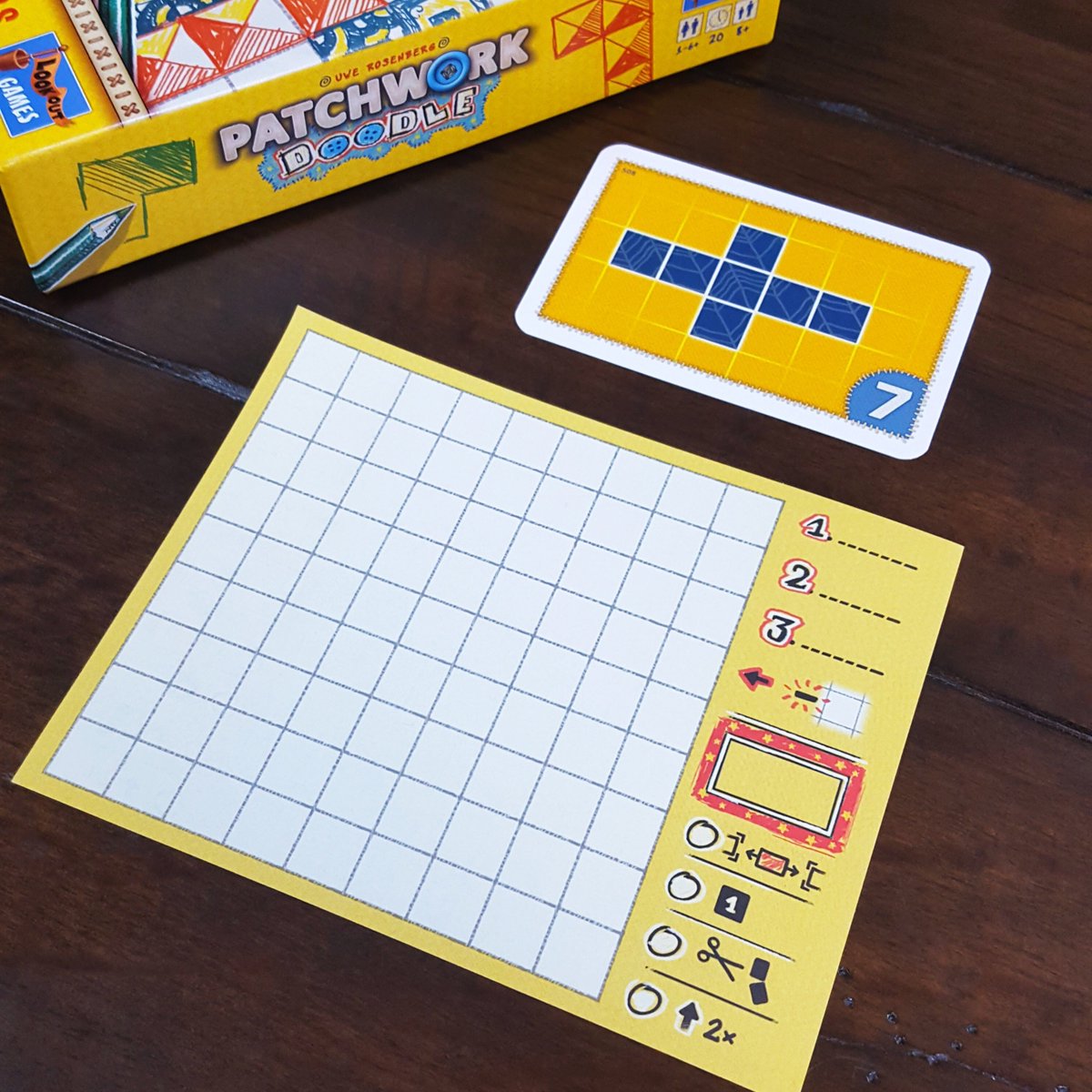 WCGamesMN's tweet photo. Patchwork Doodle: https://t.co/yIp1L1jpJq Newest game in franchise, first you can play with more than just 2 people! Each player doodles piece on their sketchpad, start with unique 7 block piece, use 4 special powers. Fun and fast! @LookoutSpiele @Asmodee_USA #whitecabinetgames https://t.co/dzoUmpNVMx