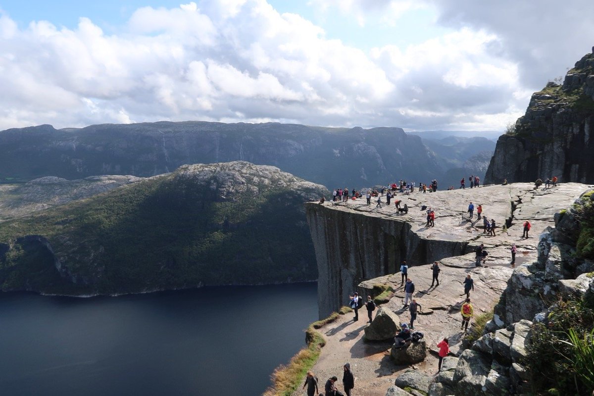 Tabby on #Pulpitrock, #Summer2019 more #Norway fun  busy but fun. clouds cleared and it was stunning.  #hikingadventures  #preikestolen #familytravel