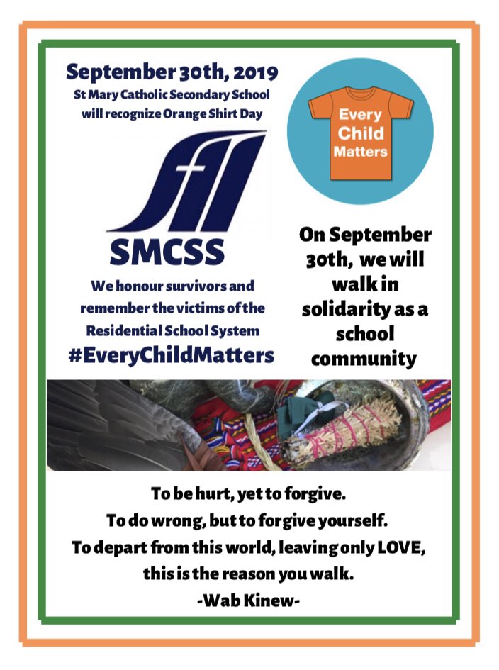 Orange Shirt Day will be recognized in September 30th <a href="/SMCSSThunder/">SMCSS</a> We will walk in solidarity to remember the victims and honour the survivors of the Residential School System and to ensure that #EveryChildMatters #pvncserves #pvncfnmi