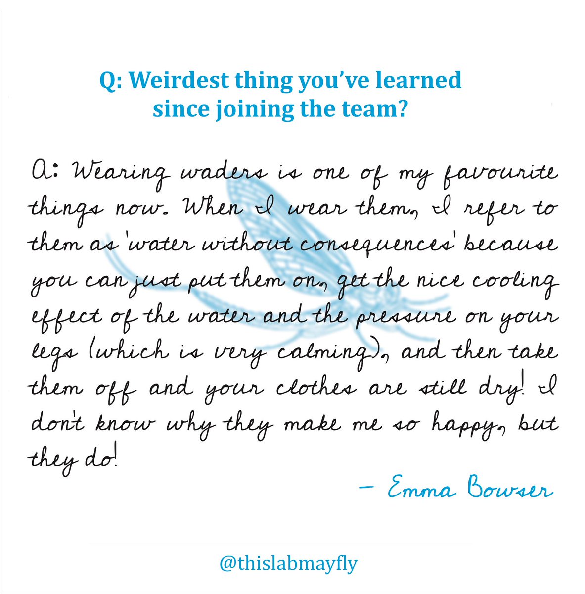 thislabmayfly's tweet photo. For today's #TheSecretLifeOfScience (a weekly peek behind the scenes of life as a scientist), @EmHasMayflyCAD answered the question, "Weirdest thing you've learned since joining the team?"
Learn more about Emma's work on our website: https://t.co/yCQBsB8qxb
#SciTwitter #Ecology https://t.co/lEGld6PpVQ