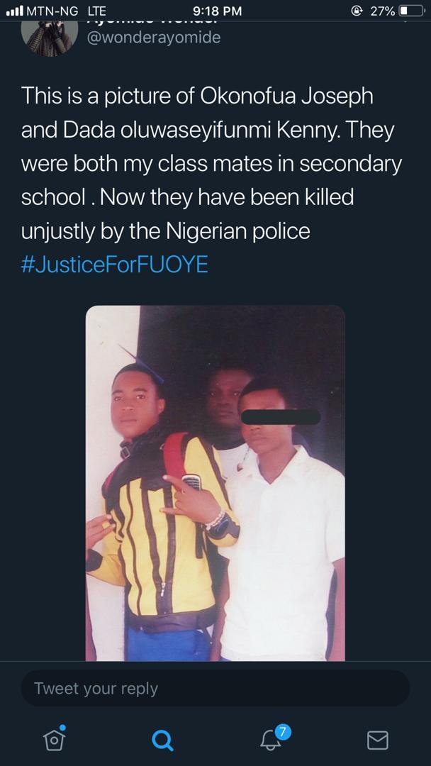 Omolara_Icon's tweet photo. @NOIweala @obyezeks @IbukunAwosika @AishaYesufu @PastorFAAdeboye @FaithOyedepo @aishambuhari ...and other mothers of the World, two sons of yours were slain by @PoliceNG men in @bisiafayemi's convoy in Oye-Ekiti. They were armless, Innocent, talented students of #JusticeForFUOYE https://t.co/Wq1pUkXXC5