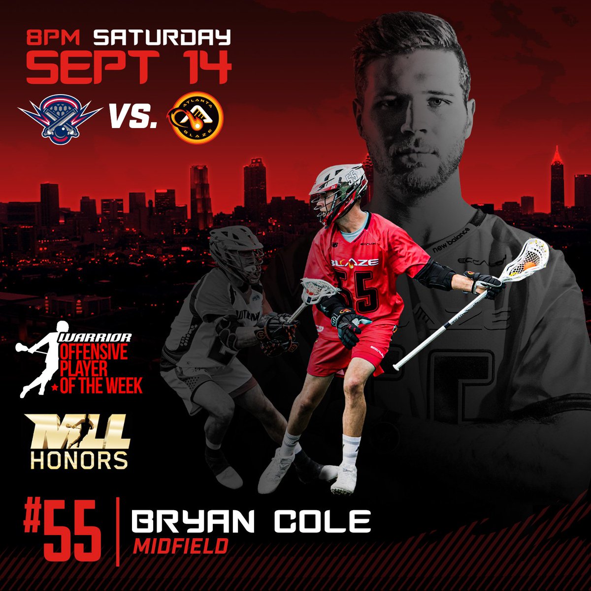 AtlantaBlaze's tweet photo. Stingers. Game-winners. @warriorlax Offensive Player of the Week.

@BryanCole45 is a weapon to look out for this Saturday night. https://t.co/Okgxg3iike