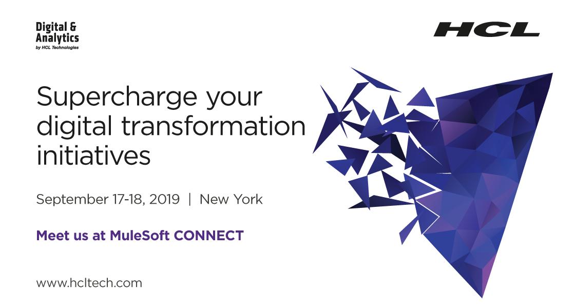 Learn how we help global enterprises execute their #digitaltransformation journey at scale and speed. Meet us at #MuleSoftConnect 2019, New York, to know more. bit.ly/30R7UjD  #ScaleDigitalwithHCL