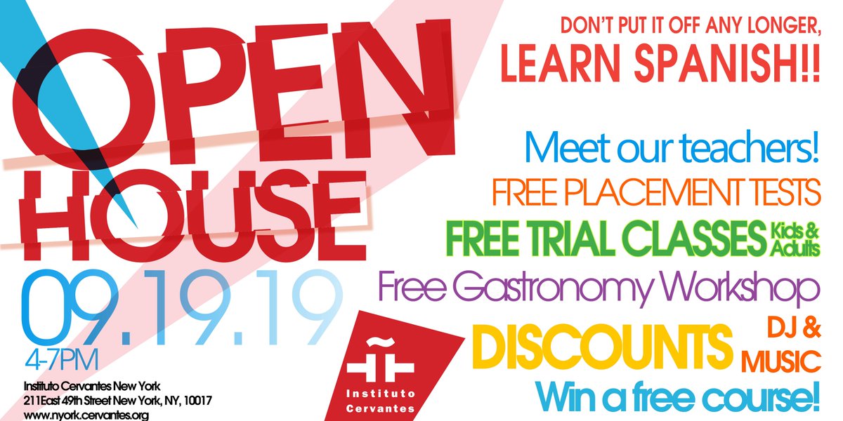 IC_NewYork's tweet photo. NEXT Thursday 19th 4-7pm: Open House. Come and meet us! Learn about Spanish culture language, food, music and get discounts for our courses. Learn Spanish this year! #SpanishSpeakers #spanishfood #institutocervantes #timeoutnyc https://t.co/IaRF9k9yWc