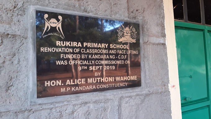 Photograph of renovated classrooms at Rukira Primary school in Kandara Constituency.