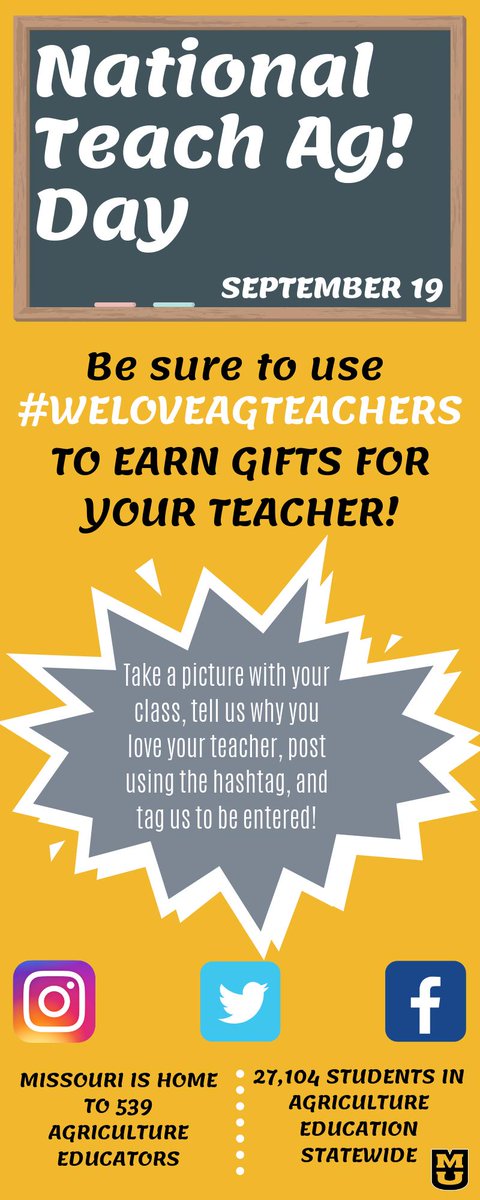AgEdLeadership's tweet photo. @MissouriFFA members, help us recognize your amazing Ag teacher for 2019 @Teach_Ag day!
1. Take a picture with your teacher
2. Post picture with the tags #MizzouTeachAg, #WeLoveAgTeachers, @AgEdLeadership 
We will recognize your teacher on Sept 19th and send them a thank you gift https://t.co/vnHenDj2Yv