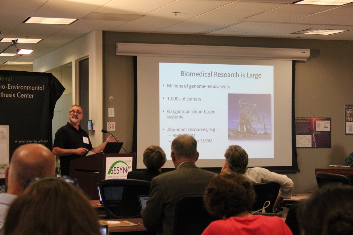 sesync's tweet photo. Cynthia Parr of @USDA and Owen White of @UMmedschool conclude Day 1 of  #SESYNCAccelNet with their discussion of “Tools to Build and Sustain Dispersed #NetworksofNetworks” @NSF https://t.co/LNIaLjSUuL https://t.co/a7alJWnCFc