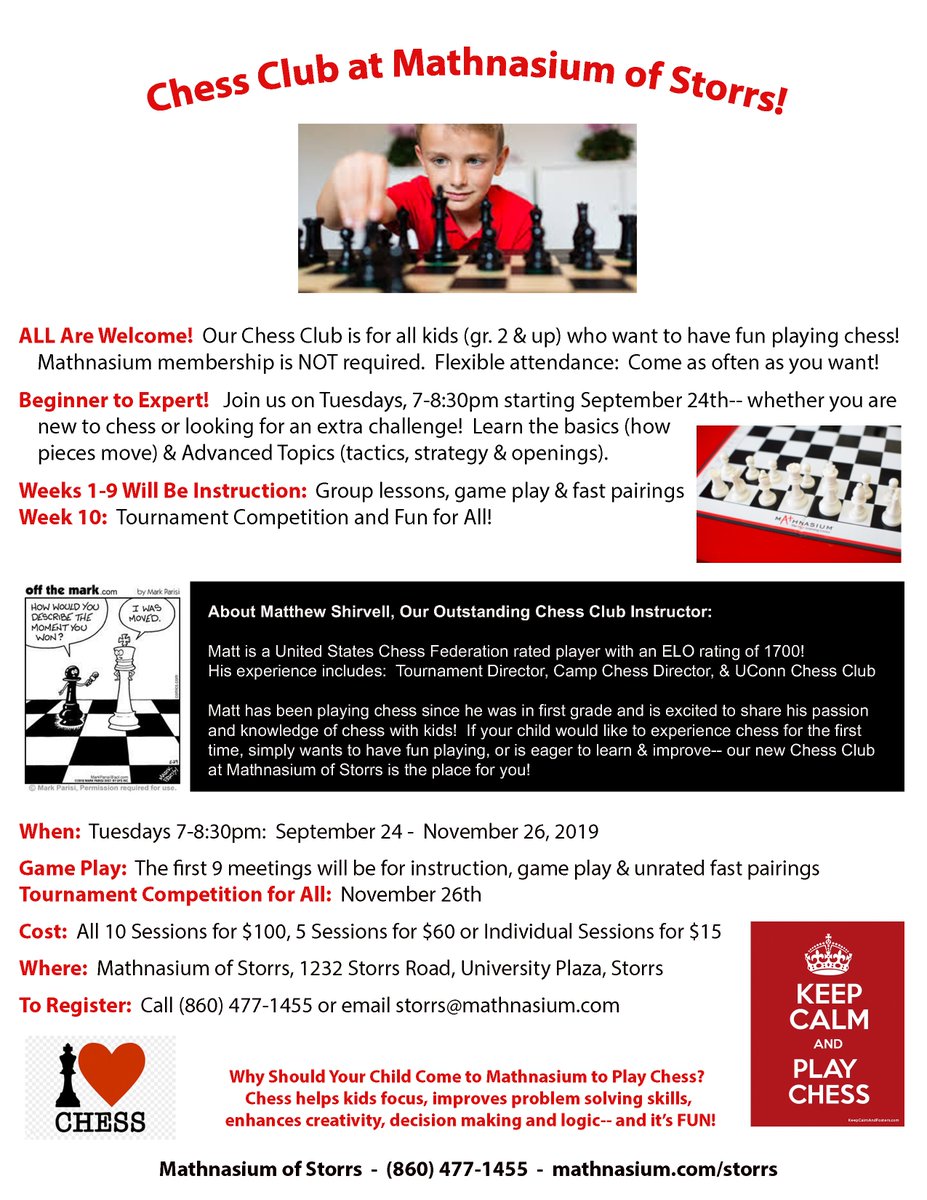 MathStorrs's tweet image. I am excited that we are offering our Chess Club again this fall.   Last spring, since it was the first time we offered a Chess Club, I limited the attendance to 5.  What a mistake!  It turned out that Matt is an awesome Chess instructor &amp;amp; it was LOTS of fun!  Join Us!
