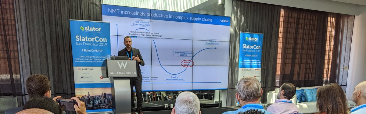 Slator prediction: neural machine translation is escaping the hype cycle's Trough of Disappointment, headed for Plateau of Productivity. #slatorconsf19 #nmt #translation