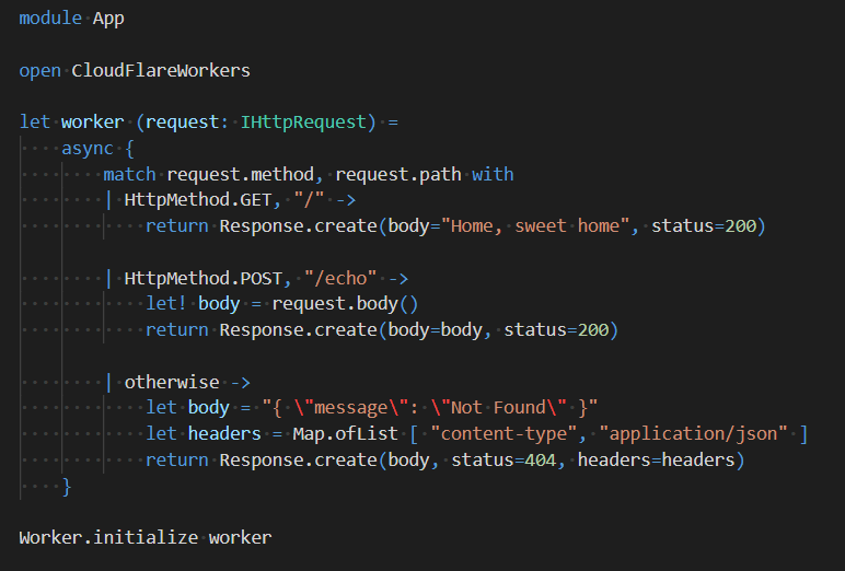 zaid_ajaj's tweet photo. After interesting conversations with @jbeeko during #FableConf on CloudFlare workers in #fsharp and @FableCompiler, I started to dig in and built API for writing these workers in idiomatic F# and compile them using Fable, what do you think? https://t.co/9wTCy3PhAl https://t.co/dCokCSeTY9
