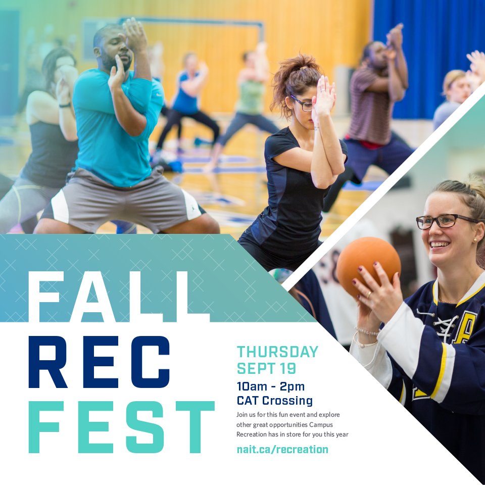 Looking for something to elevate your time here at #NAIT?

Join us next Thursday for Fall Rec Fest as we highlight all the #recreation opportunities we will be delivering this year. 

#OwnYourAwesome