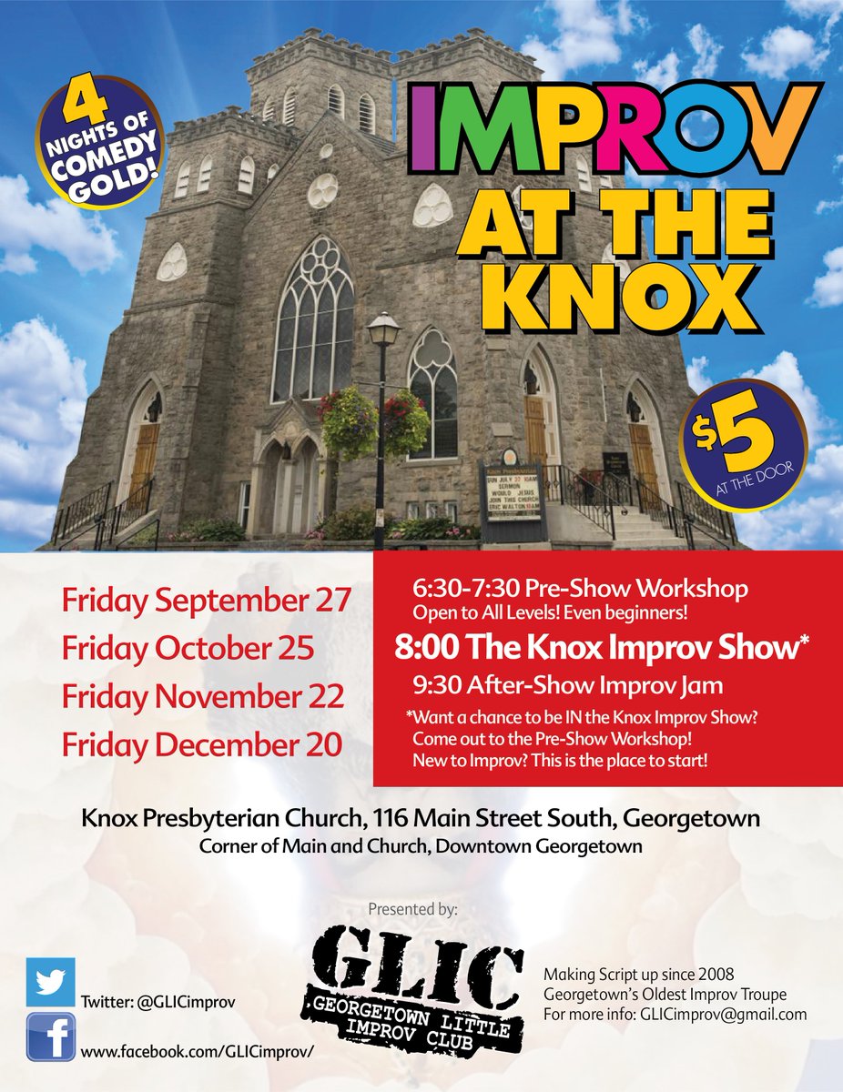 GLICImprov's tweet photo. Our fall improv series - THE KNOX IMPROV SHOW

8pm, followed by an open jam

Pre-show Workshop at 6:30 for your chance to BE IN THE SHOW! Each show will feature a different mix of performers who are selected from the workshop attendees. https://t.co/4IdEzVsrht