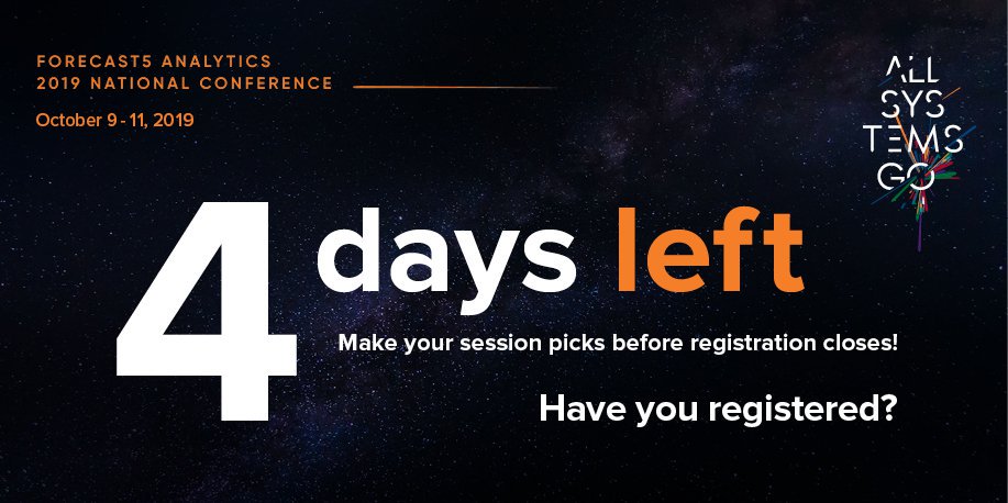 Forecast5's tweet photo. Time is running out! Registration for the Forecast5 Analytics 2019 National Conference closes Monday, September 16. Save your seat and register here: https://t.co/WXd4m1rSoq #F52019 #allsystemsgo #poweryourmission https://t.co/zW3XhwXcRB