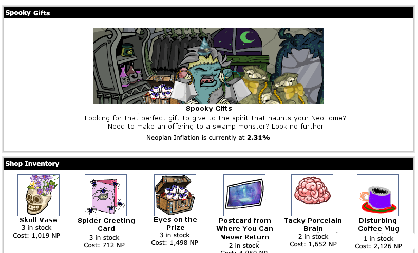hauntedswamp's tweet photo. @Neopets Presenting #MyNeoShop, Spooky Gifts! Similar to the Food/Spooky Food shop variations, Spooky Gifts has all the same considerate gift options for someone you care about, with a charming Haunted Woods twist (and maybe a curse or two). #NeoCreationWeek https://t.co/7MKXY072LM