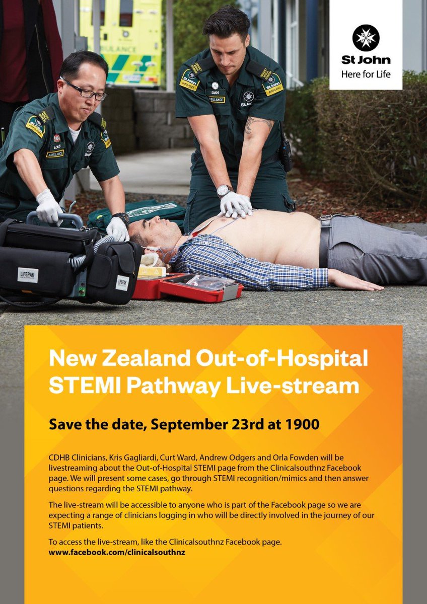 Save the date! New Zealand Out-of-Hospital STEMI Pathway Live-stream. Follow or join in the live-stream on the Clinicalsouthnz Facebook page. September 23rd at 1900. We hope to engage as many clinicians involved in our STEMI patients care. @AaronTuNZ @GagliardiKris @medic400727