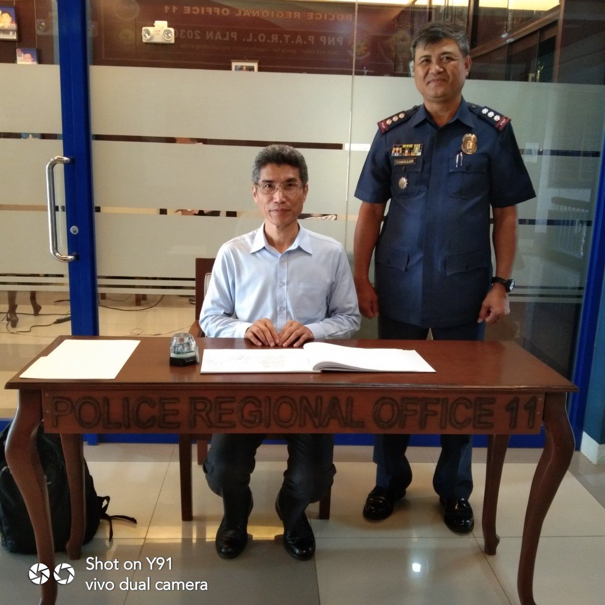 rpcrd_pro11's tweet photo. On September 13, 2019 at 9:00 AM, JERRY CHIN-YUNG WANG, Taiwan Police Attache rendered courtesy call to PCOL DOMINGO SAY CABILLAN, DRDA, PRO 11 at Sandiwa Lounge, Camp Sgt Quintin M Merecido, Buhangin, Davao City https://t.co/2hrex6cvDa