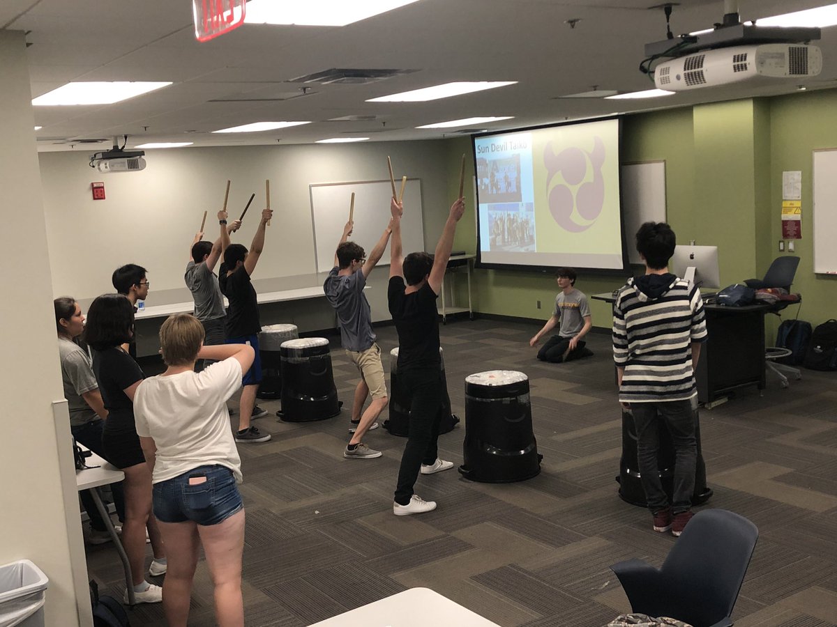 SunDevilTaiko's tweet photo. We taught new members how to play bon daiko / Matsuri rhythms! Practices are on Thursdays from 6 - 7:30pm in EDB L1-20 (Payne Hall basement, room 20). 🔱 #sundeviltaiko #asu #taiko https://t.co/RJhVWzjq1i