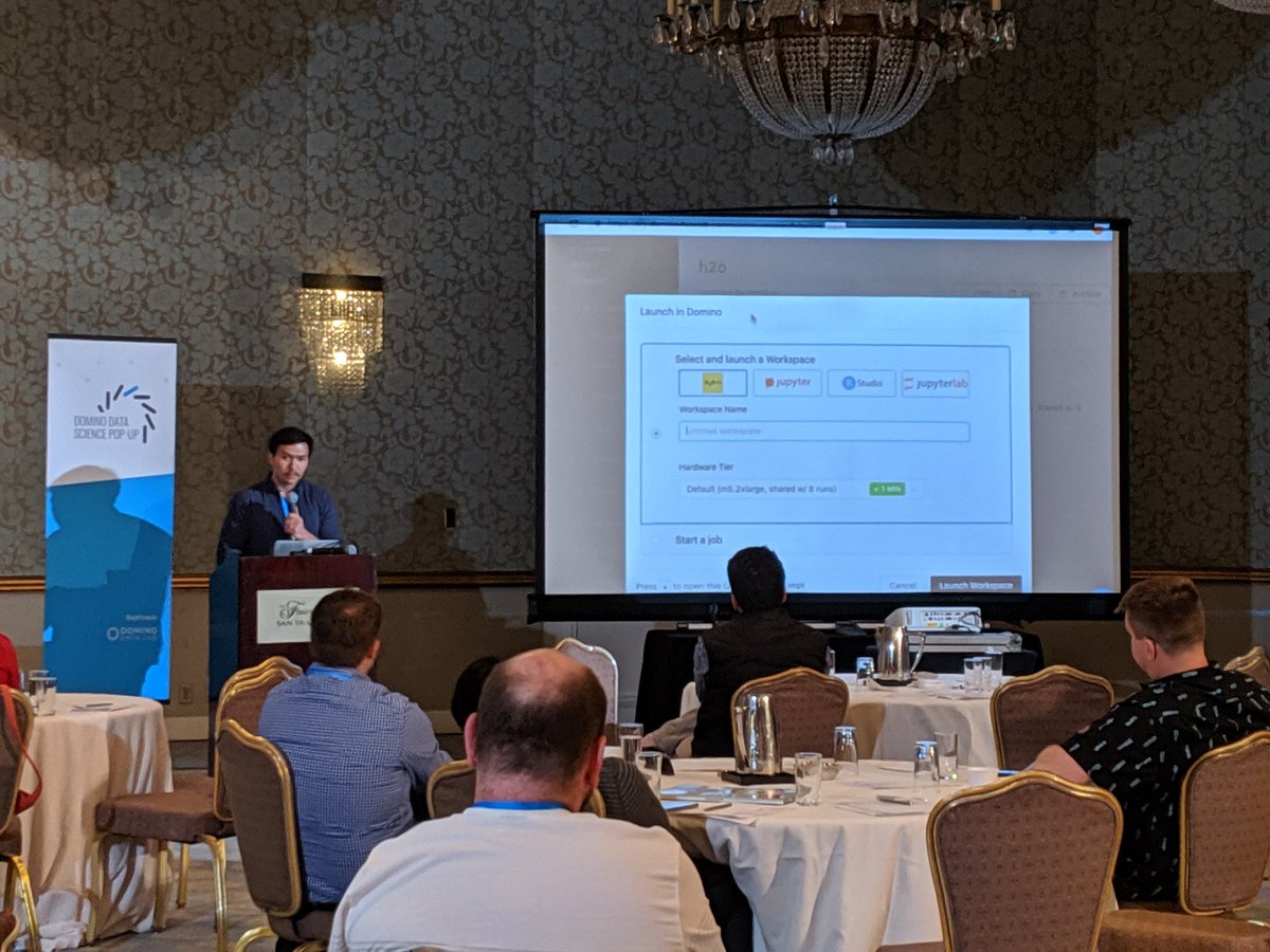 fjmorajr's tweet image. John Conway walking through spinning up @ApacheSpark, #Dask, @h2oai, and @OpenAI Gym workspaces within @DominoDataLab at the #SFdatascience popup!