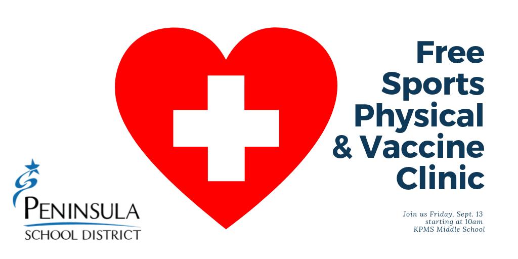 psd401's tweet photo. A free sports physical and vaccine clinic will be held at KPMS Friday Sept. 13  starting at 10am. Students will be able to get FREE vaccines to get them ready for career and college (this includes HPV and Meningitis as well as required vaccines).

#PSDCares #PSD401 https://t.co/GIrVXSf7sJ