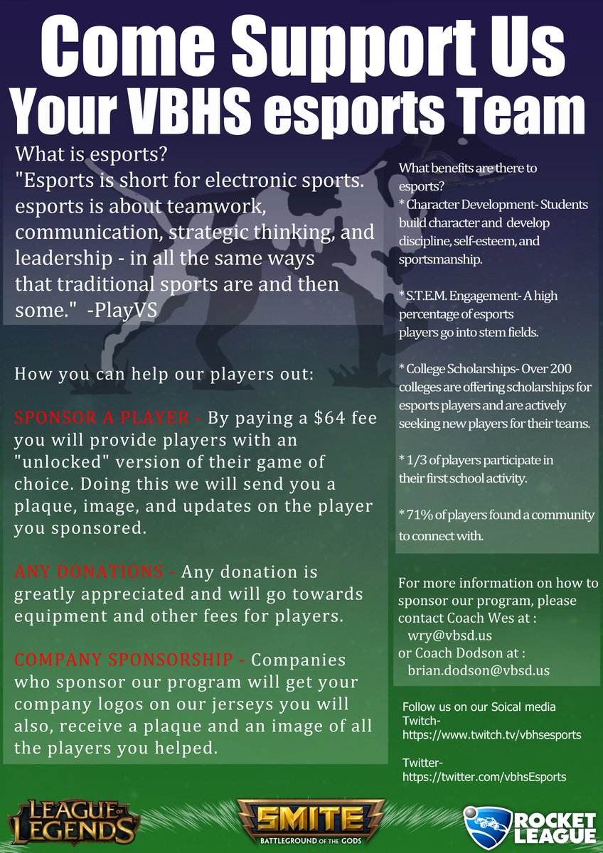 vbhsEsports's tweet image. We are looking for sponsors for our VBHS Esports. #esports #playvs #RocketLeague #Riot #LeagueOfLegends