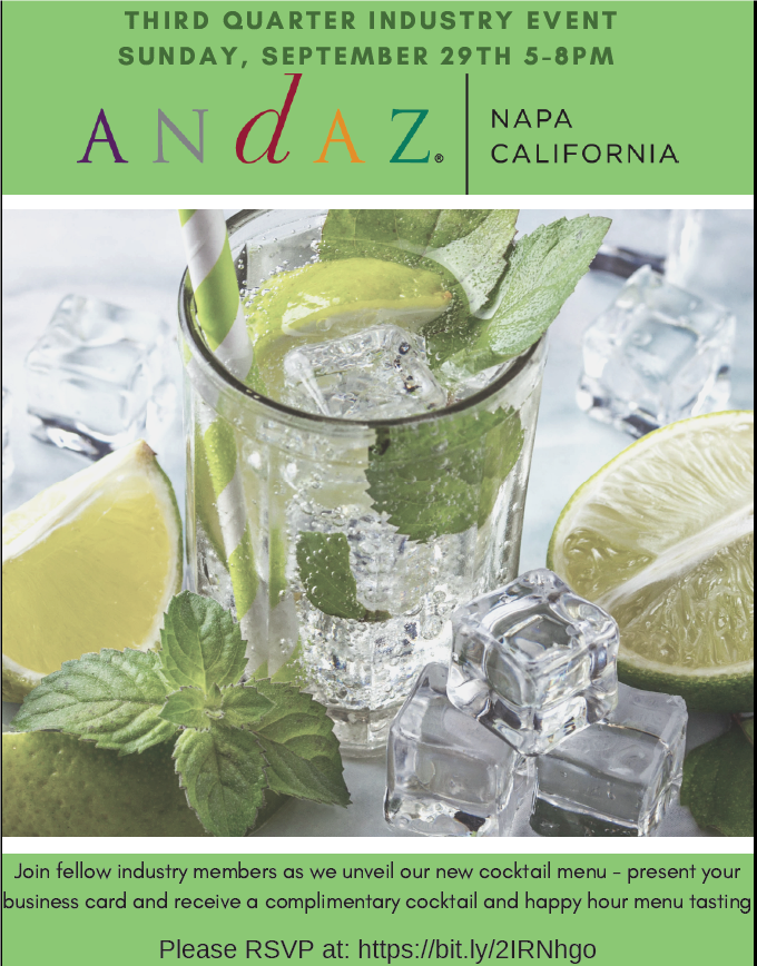 Join fellow industry members as <a href="/andaznapa/">Andaz Napa</a> unveils our new
cocktail menu - present your business card and receive
a complimentary cocktail and happy hour menu tasting.  #AndazNapa #party #cocktails