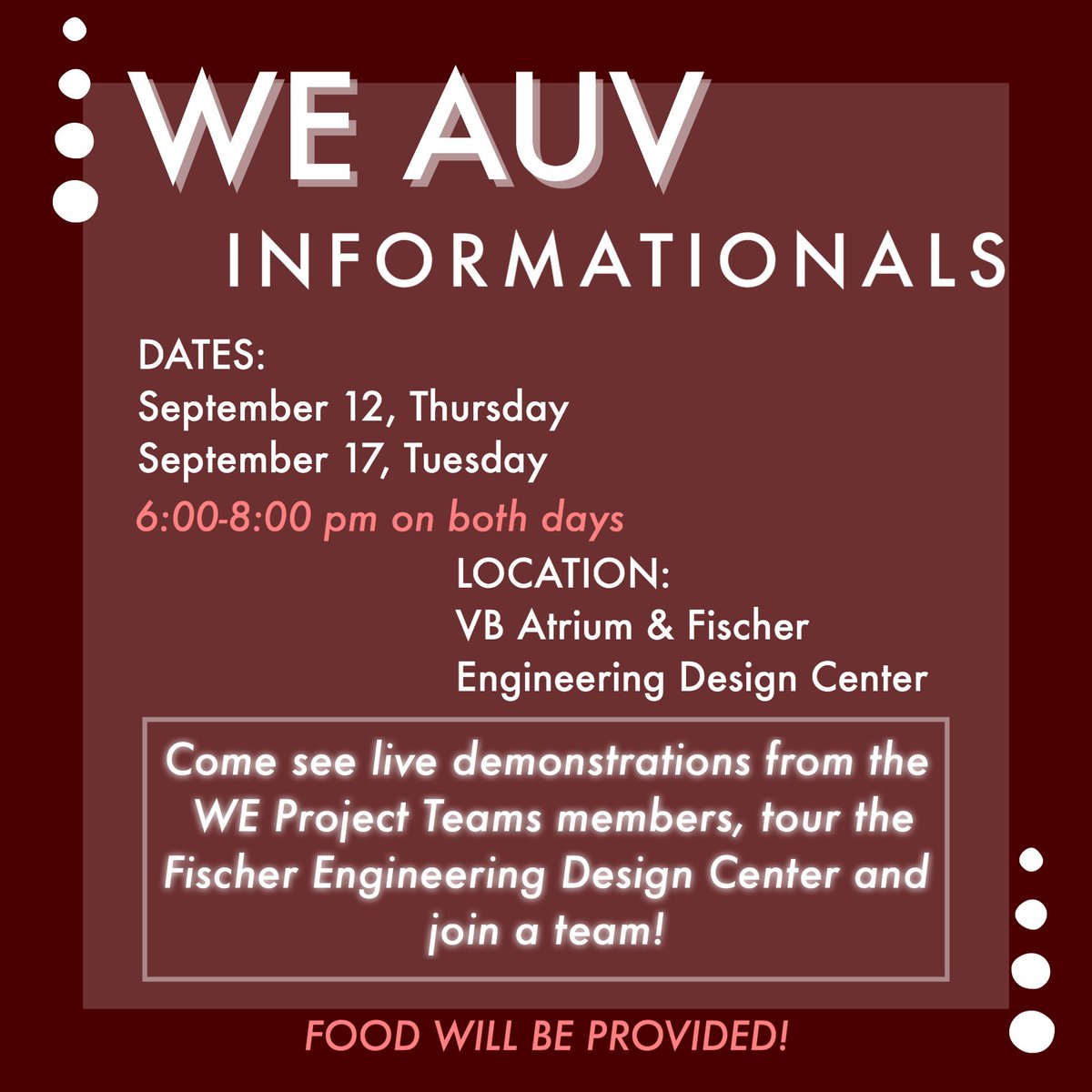 WEREAFTAMU's tweet photo. Howdy! Come out to the Women in Engineering Project Team informationals tonight from 6-8 pm or Tuesday 6-8pm!!! https://t.co/fI0ovDscEk