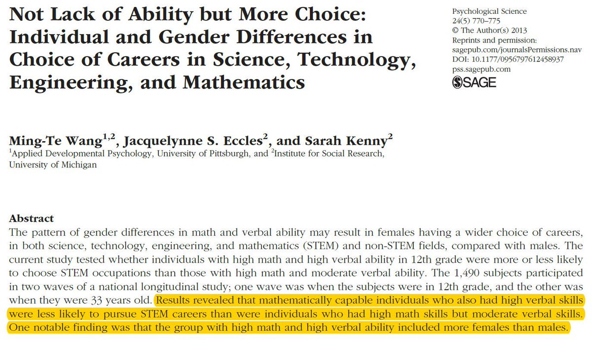  Entre os mais talentosos a Matemática, menos mulheres do que homens vão para as STEM.As razões para isso indicam uma maior escolha e não falta de capacidades por parte da mulher. https://journals.sagepub.com/doi/abs/10.1177/0956797612458937