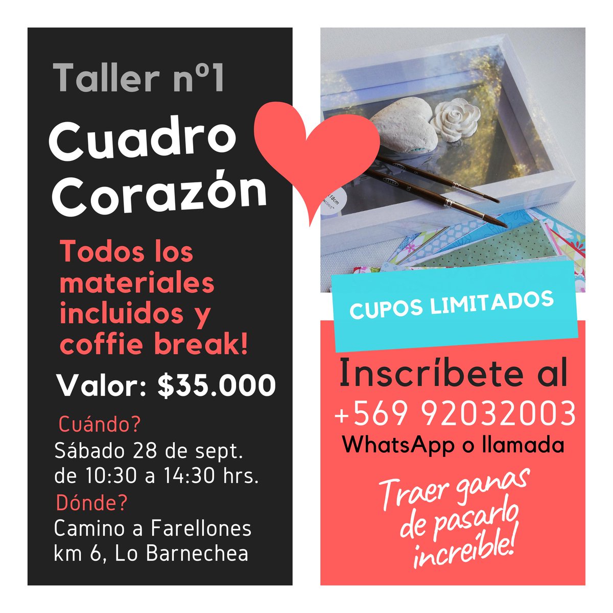 DannyLukisC's tweet photo. ATENCIÓN --> Nuestro 1er TALLER de "Cuadro Corazón" Inscríbete al +56992032003 !!! a pedido de ustedes empezaron los Talleres!!! 😍🥰 #talleres #cuadrocorazon #decodanielachile #manualidades #papelmache #hechoamano #pintadoamano #santiago #chile #LoBarnechea #caminofarellones https://t.co/niWqIuwixo