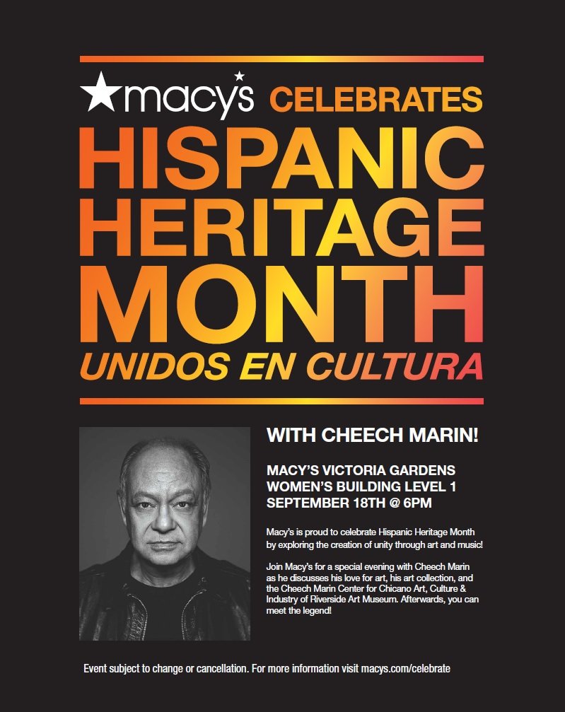 SAVE THE DATE: @Macys celebrates Hispanic Heritage Month w/special guest @CheechMarin on Wednesday, Sept. 18 @ 6pm. . . . #macys #macyshispanicheritagemonth #riversideartmuseum