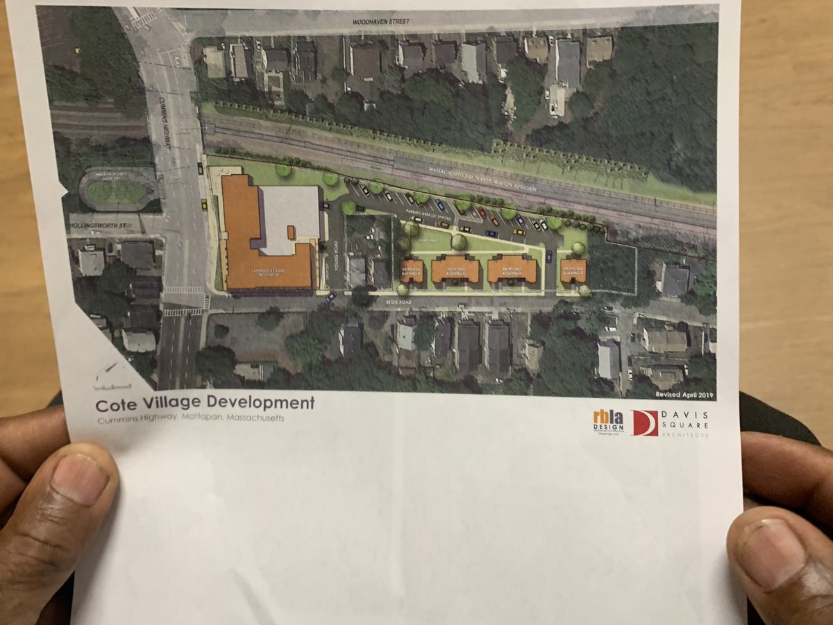 ONSHaitians's tweet photo. Cote Village community meeting in #Mattapan, a $35M housing project set to begin in Mattapan at the old “Cote Ford” site (Cummins Highway).

FYI - the construction team announced demolition begins in 30 days | more: https://t.co/UjaNuBPUMq https://t.co/OQ6BwmO9wE