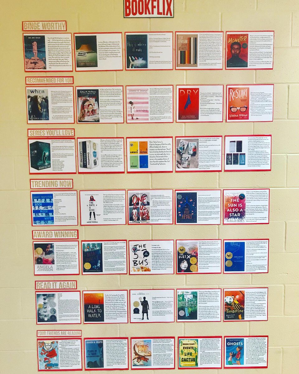 mrsburns201's tweet photo. Need a book recommendation? Check out the wall in the cafeteria! #bookflix #cwreads #cwway #readersbecomeleaders @jasonreynolds83 @sharonmdraper @TTrueman @nealshusterman @writerkmc @erinentrada @angiethomas @kwamealexander  @princessamanita @CWMS_office https://t.co/jKJWmgd4A8