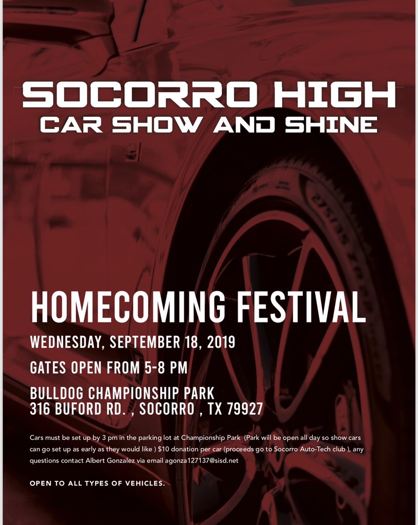 El Paso roofing , E.P. Omega Air Conditioning LLC , and Autozone coming through with sponsoring the Socorro High School car show n shine show ! You know we’ll be raffling off some good prizes !!