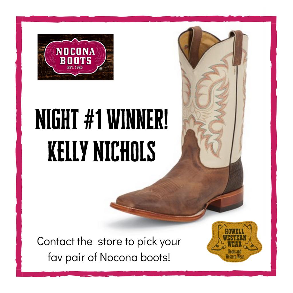 HowellWstrnWear's tweet photo. Congratulations to KELLY NICHOLS who won our @noconaboots giveaway for night #1 of our Annual Boot sale!

Still want a chance to win one of the three remaining pairs of boots?
Click here to enter--->https://t.co/Cv87cOa7bF https://t.co/xpuUz79xxn