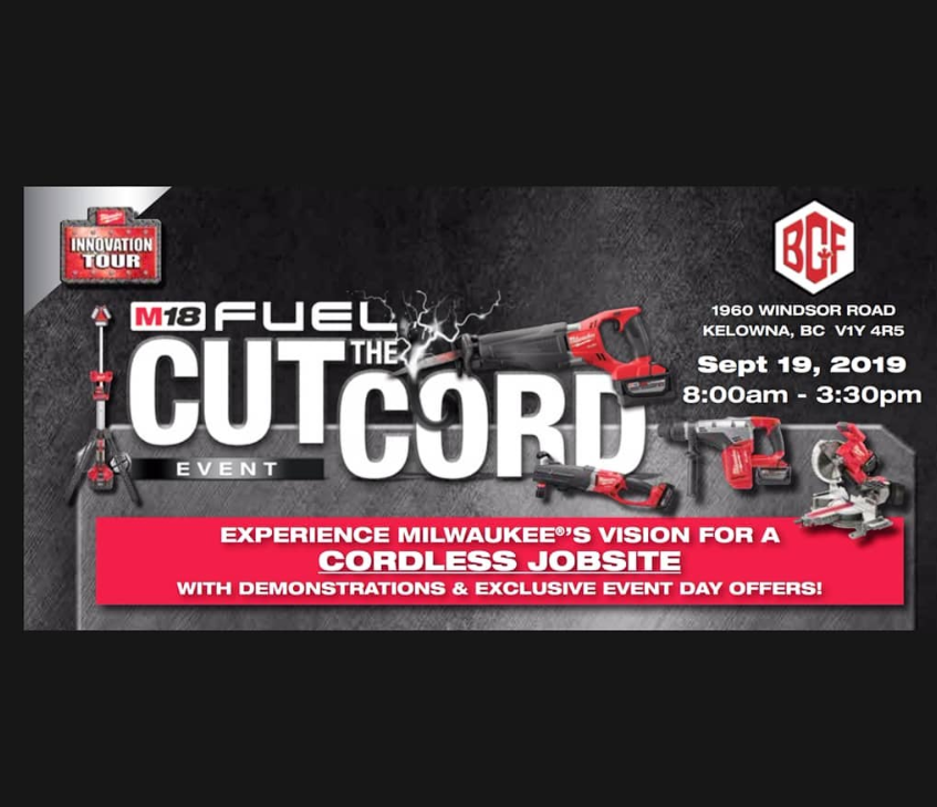 BCFTools's tweet photo. @milwaukeetool Cut The Cord EVENT is on Thursday, September 19th, 8 am - 3:30 pm only at our Kelowna location! Exclusive event day offers &amp; prizes on Milwaukee tools you won't get anywhere else! Plus, catering by @crasianfoodtruck If you are in Kelowna, come by and say hi! https://t.co/Une7Y7euH1