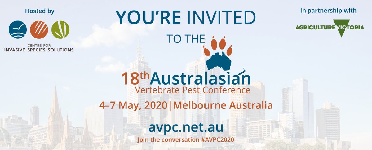 animalhealthAUS's tweet photo. Want to talk about #pestanimals?
#AVPC2020 is being held in Melbourne from May 4 to 7, 2020 and early bird registration has just opened.
It is hosted by @CentreInvasives with @VicGovAg
For more information on registration costs visit the website - https://t.co/EuO5luNys5 https://t.co/t0z0u0Rkym