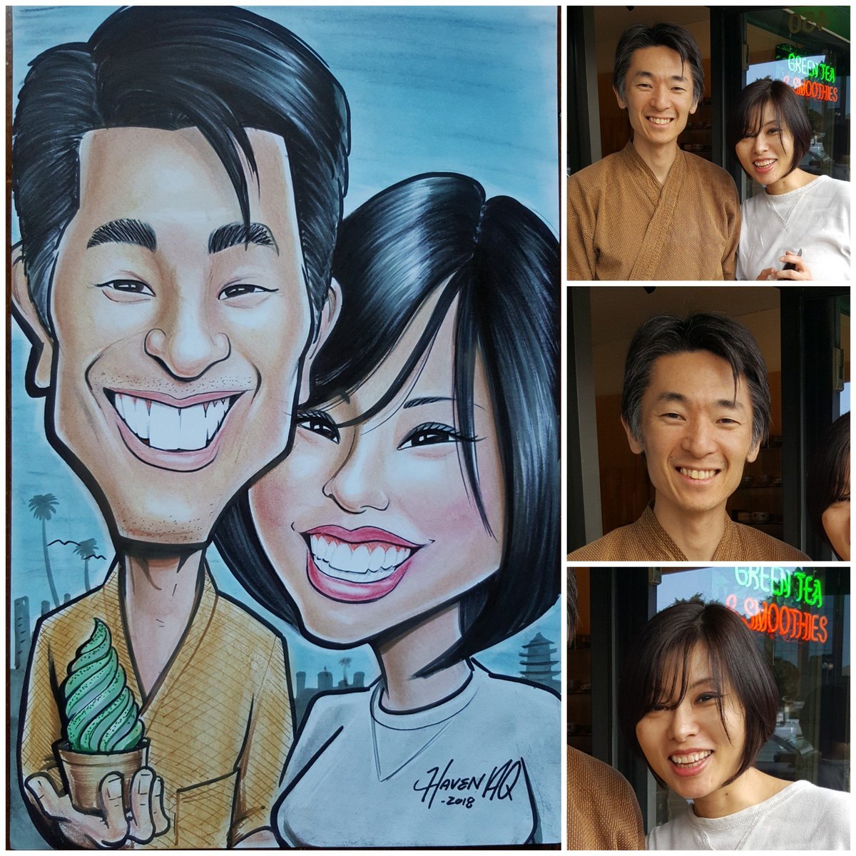 HavenAQ's tweet photo. Meet Dai and Kanako, owners of #TeaMaster in #LittleTokyo ~ They have the best #matchaicecream in LA and they're super nice people too ( ^_^)/
#JamHaven #havenAQ #artbyhaven #giftideas #gifts #illustration #christmasgift #anniversarygift #cartoon #artsdistrictla #Caricature https://t.co/rmpWsk8ewZ