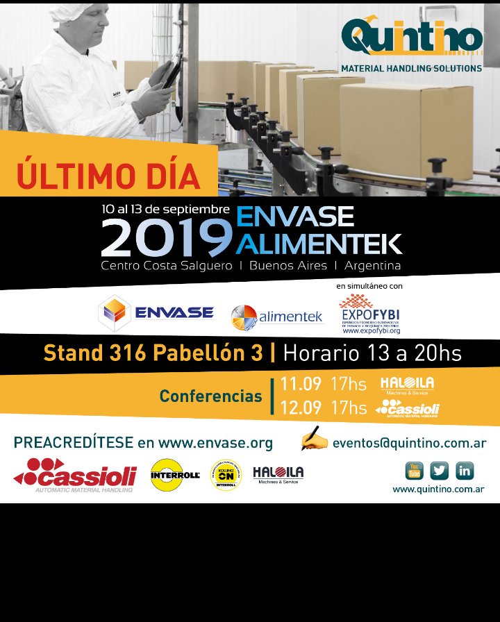 QuintinoMHS's tweet photo. #LastChance 😱😱😱
Viernes 13 último día!
#ExpoEnvase #Envase2019 #Alimentek
# by @IAEnvase en @CCostaSalguero
Los esperamos en el pabellon 3 stand316 con #MCP by
@InterrollGroup
+ #isat #RadioShuttle #Almacenamiento #Industria40 #estrechado #Film #Palet #intralogistica #ASRS https://t.co/4OANT02U8Q