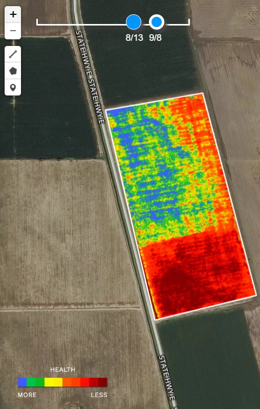 Transformation Thursday 😍🤩 #Revytek  on corn side-by-side on @lingfarms !
Application map to NDVI imagery 44 DAT! Not hard to #seethedifference with @BASFAgProducts ! @VictorSample4 #basftweets