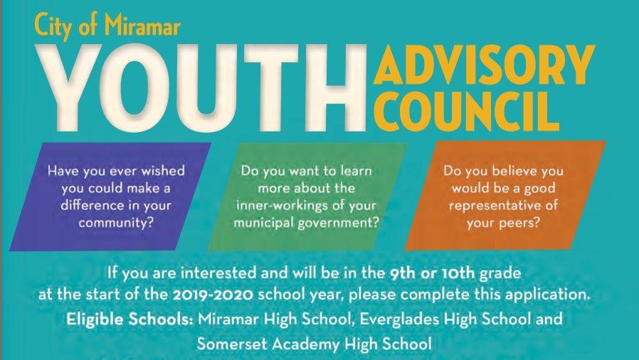 MiramarYAC's tweet photo. Interested in joining the Miramar Youth Advisory Council? Applications are open until September 30th, 2019!

Apply now: https://t.co/IWCC78nNwX https://t.co/N8MxydJqkL