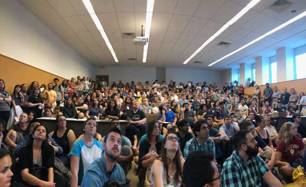 IndianaGrads's tweet photo. We are over the moon with how our first town hall went. The room was overflowing with people, support, and energy, and we are *all* ready to organize to #EndFees. 

Let's do this. #GradWorkers https://t.co/Pit2tb7eHV