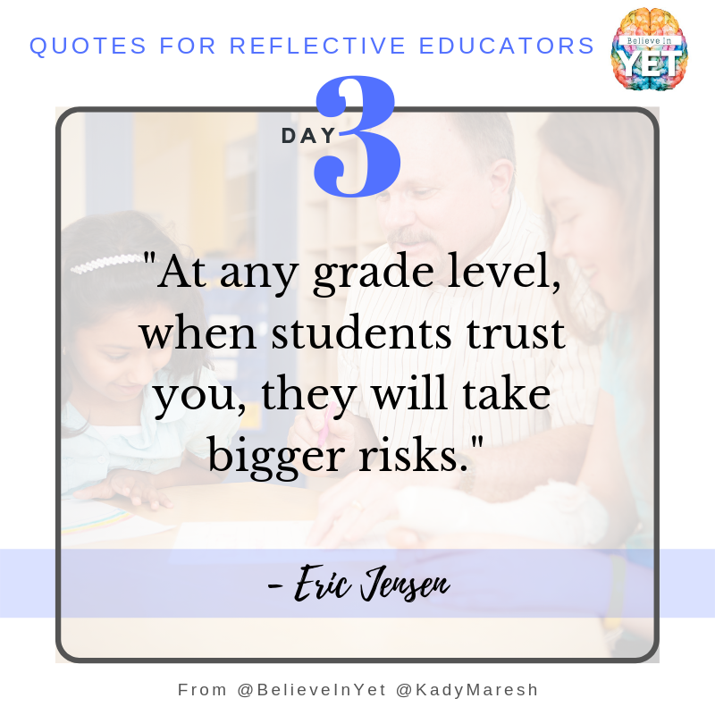 BelieveInYet's tweet photo. Reflective is Effective #3
Have you seen this to be true in your experience? 
How have bigger risks helped your students? 
Can you see a diff in the risks they are willing take from the beginning of the year vs to later on if trust is there?
Share your thoughts! 
@EricJensenBrain https://t.co/QpcWeHB079