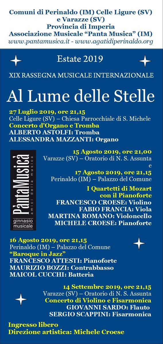 Torna la grande #musica a #Varazze 🎻🎼! 
Vi aspettiamo sabato 14 Settembre per il #concerto conclusivo della Rassegna Musicale Internazionale "Al Lume delle Stelle".
L'appuntamento è presso l'Oratorio di N.S. Assunta alle ore 21.15 , l'ingresso è libero.

#portamiavarazze