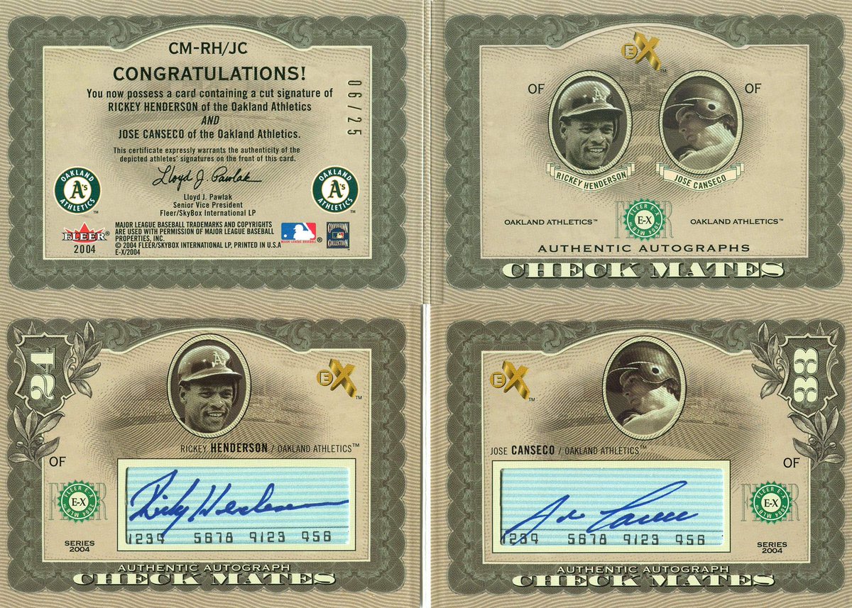 AJRAZOR33's tweet photo. #JoseCanseco Booklet card with #RickeyHenderson
2004 E-X CHECK MATES Rickey Henderson/Jose Canseco /25
Retweet! Let me know if you see any rare Canseco cards.
#PERFECTIONCOLLECTION #HYPERCOLLECTOR #MANOFSTEAL #FLEER https://t.co/mQGOAq36Lq