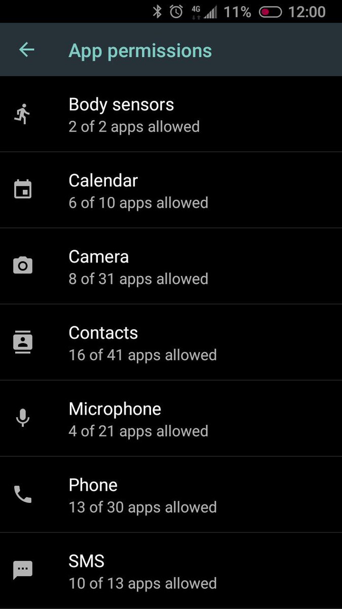 Screenshot of the apps permission page, that lists things like microphone, camera, and contacts.