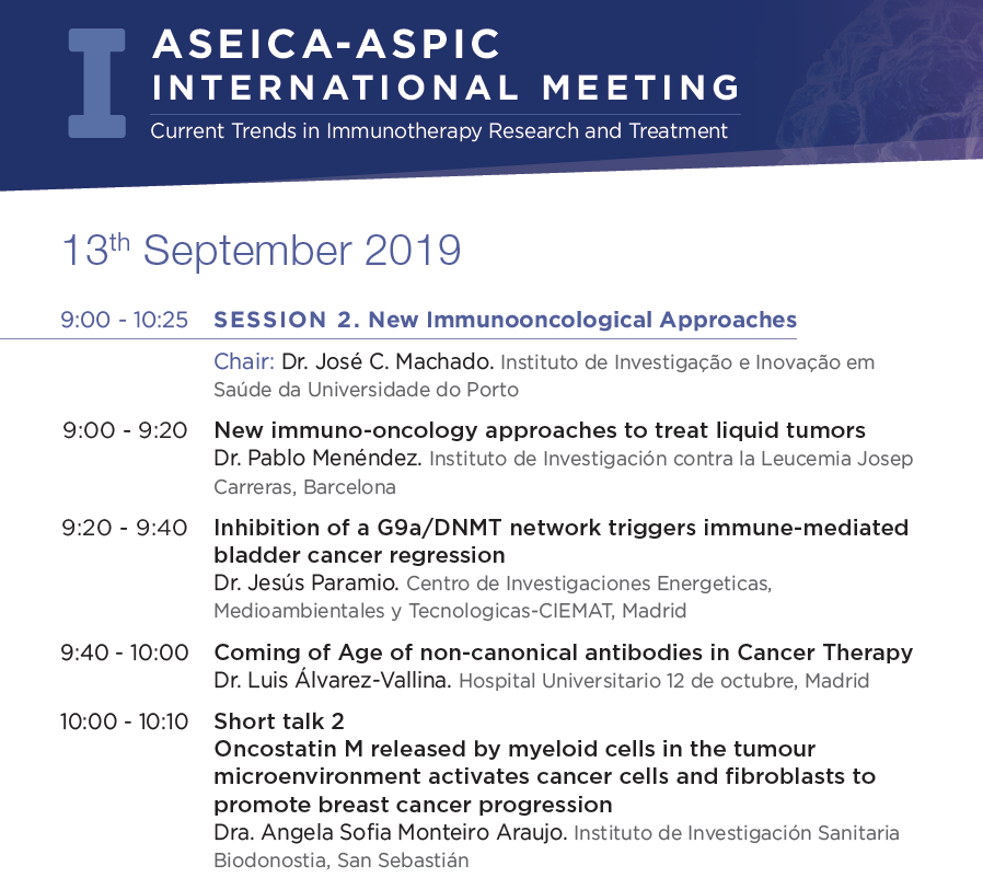 ASEICAnews's tweet photo. Comienza la segunda jornada del I ASEICA-ASPIC International Meeting con la segunda sesión ‘New immunooncological approaches’, moderada por José Machado de i3S Portugal #AAIM19 #ASEICAcancer #ASEICAinvestiga #Inmunoterapia https://t.co/NKY9sqMvHJ