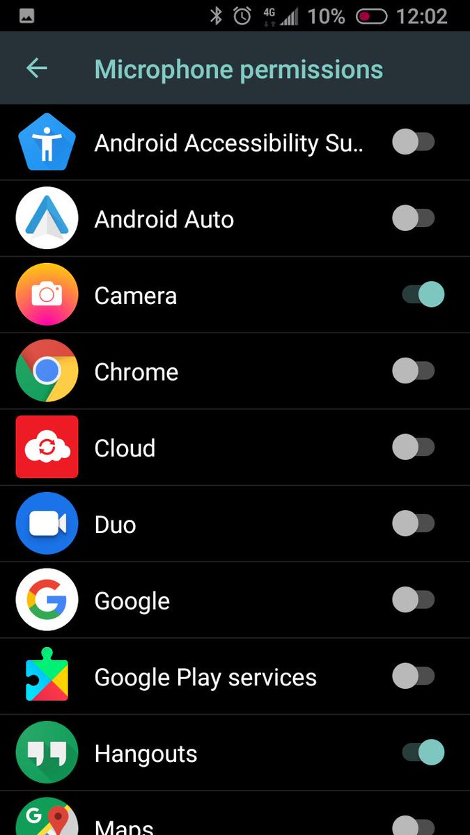 Screenshot of the microphone permission page, which lists all the apps that want to use the microphone, such as google and chrome.
